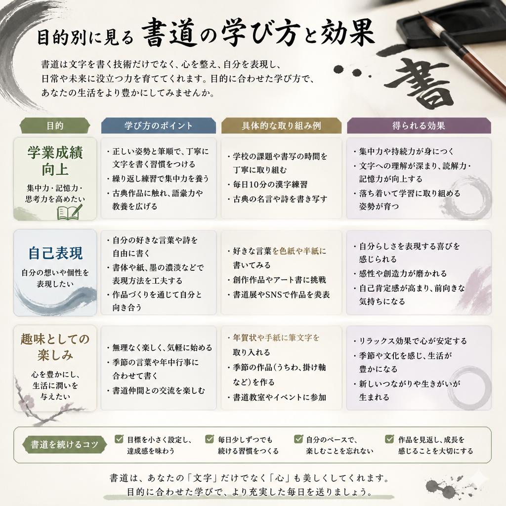 目的別書道、目標に応じた学び